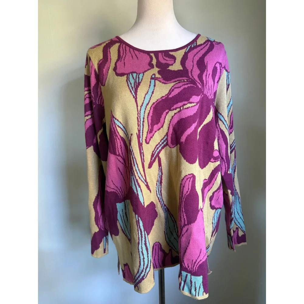 Soft Surroundings Floral Knit Sweater purple boho dainty cottage whimsi retro L